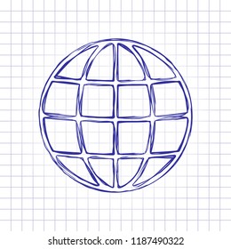 Simple globe icon. Linear, thin outline. Hand drawn picture on paper sheet. Blue ink, outline sketch style. Doodle on checkered background