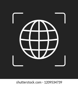 Simple globe icon. Linear, thin outline. White object in camera autofocus on dark background