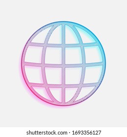 Simple globe icon. Linear, thin outline. Colored logo with diagonal lines and blue-red gradient. Neon graphic, light effect