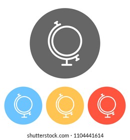 Simple globe. Linear icon, thin outline. Set of white icons on colored circles