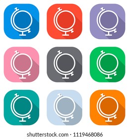 Simple globe. Linear icon, thin outline. Set of white icons on colored squares for applications. Seamless and pattern for poster