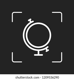 Simple globe. Linear icon, thin outline. White object in camera autofocus on dark background