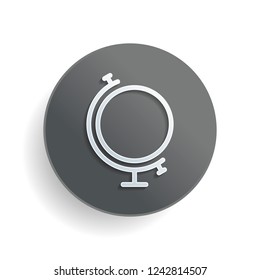 Simple globe. Linear icon, thin outline. White paper symbol on gray round button or badge with shadow