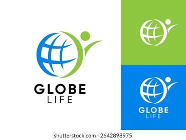 simple globe and people logo. happy health care symbol vector design	
