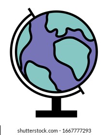 Einfache Globus, kugelförmiges Erdmodell, um Geografie zu untersuchen. Rundförmige Ikone mit volumetrischer Karte. Alle Kontinente zeigten sich auf der Sphäre, Europa und Afrika, Asien und Amerika. Vektorillustration im Flachstil