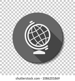 Simple globe symbol. Linear icon. White flat icon with long shadow in circle on transparent background. Badge or sticker style