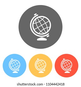 Simple globe symbol. Linear icon. Set of white icons on colored circles