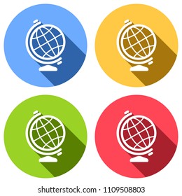 Simple globe symbol. Linear icon. Set of white icons with long shadow on blue, orange, green and red colored circles. Sticker style