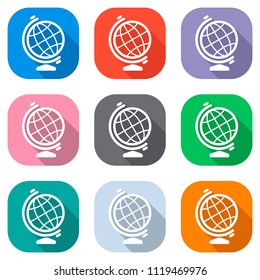 Simple globe symbol. Linear icon. Set of white icons on colored squares for applications. Seamless and pattern for poster