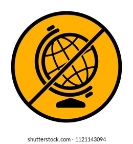 Simple globe symbol. Linear icon. not allowed, black object in warning sign with orange background color