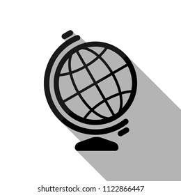 Simple globe symbol. Linear icon. Black object with long shadow on white background