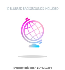 Simple globe symbol. Linear icon. Colorful logo concept with simple shadow on white. 10 different blurred backgrounds included