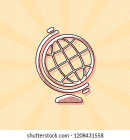 Simple globe symbol. Linear icon. Vintage retro typography with offset printing effect. Dots poster with comics pop art background