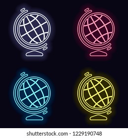 Simple globe symbol. Linear icon. Set of neon sign. Casino style on dark background. Seamless pattern