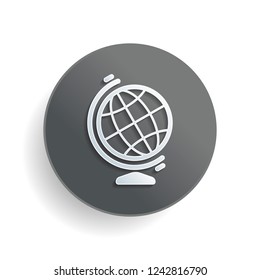 Simple globe symbol. Linear icon. White paper symbol on gray round button or badge with shadow