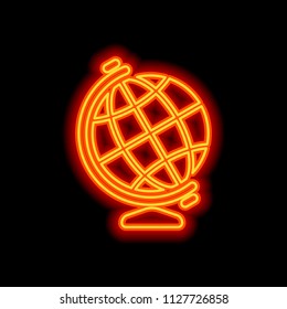 Simple globe symbol. Orange neon style on black background. Light icon