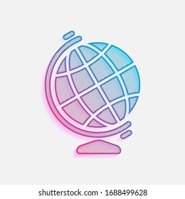 Simple globe symbol. Technology logo with diagonal lines and colored gradient. Neon graphic, light effect. Blue and red colors