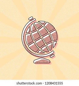 Simple globe symbol. Vintage retro typography with offset printing effect. Dots poster with comics pop art background