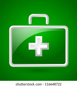 Simple glossy first aid kit icon isolated on green background