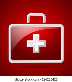 Simple glossy first aid kit icon isolated on red background