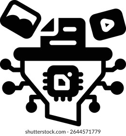 Ícone de glifo simples mostrando IA generativa para criação de rosto. Útil em tópicos como deep fake, identidade virtual ou design de personagens.