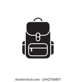 A simple glyph illustration displays a black rucksack with rectangular body and two pockets. Outlines on the pockets offer contrast against a white background.