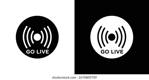 Um design simples de ícone de botão "Go Live", mostrado em versões em preto e branco, isolado em planos de fundo contrastantes.