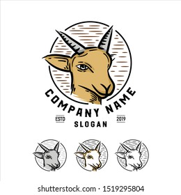 Simple goat head logo vector. animal icon. vintage elk deer forest with Silhouette light line art classic modern look. For shirt outdoor club, sport. fun smart phone app brand. Quiet friendly