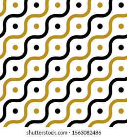 Simple gold black circle wavy line on white seamless pattern abstract background. Christmas season, birthday holiday gift paper wrap. Repeat ornament fabric print, wallpaper decor. Vector illustration
