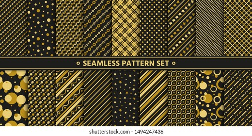 Simple gold black seamless pattern set. Christmas Holiday winter season background. Line, strip, circle, star repeat ornament. Paper wrap, fabric print, wallpaper decor. Flat vector illustration