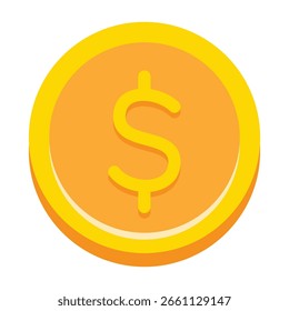 Icono de moneda de oro simple con signo de dólar. Vector de diseño plano para conceptos de dinero, finanzas y divisas. Símbolo de riqueza, ganancias y ganancias. Aislado sobre un fondo transparente.	