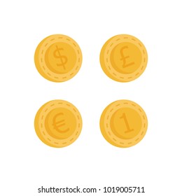 Simple gold coins, vector graphic icons. Coins with different currencies; euro, dollar, pound and simple number one.