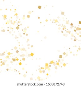Simple gold confetti sequins sparkles falling on white. Glittering Christmas vector sequins background. Gold foil confetti party glitter isolated. Light dust particles invitation backdrop.