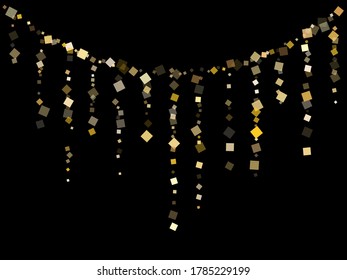 Simple gold confetti sequins sparkles flying on black. Chic New Year vector sequins background. Gold foil confetti party elements illustration. Rhombus pieces invitation backdrop.