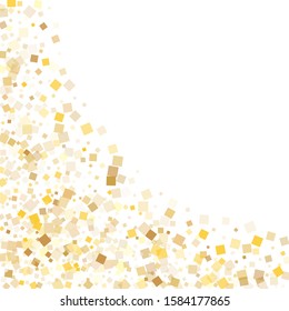 Simple gold confetti sequins tinsels falling on white. Chic holiday vector sequins background. Gold foil confetti party decoration illustration. Square sparkles surprise backdrop.