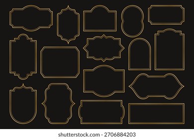 Molduras de ouro simples. Coleção de borda geométrica dourada antiga, elementos decorativos brilhantes elegantes para convite de cartão de saudação, design linear vintage de luxo. Conjunto de quadros vetoriais.