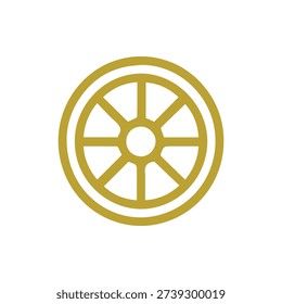 A simple gold icon of the Dharmachakra or Dharma Wheel on a white background. This sacred symbol represents the Buddha's teachings and the Noble Eightfold Path.