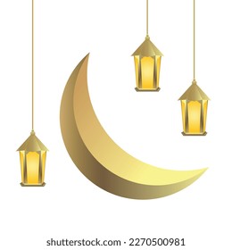 Simple Gold Islamic Hanging Lantern with Crescent Moon Decoration for Ramadan, Eid Al Fitr, Eid Al Adha, Muharram