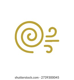 A simple gold line art icon on a white background. A spiral unfurls into stylized gusts of wind, symbolizing air, breath, weather, or gentle breeze.