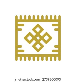 A simple gold line art icon of a fringed rug or carpet featuring the endless knot a spiritual Buddhist symbol representing eternity and interconnection.