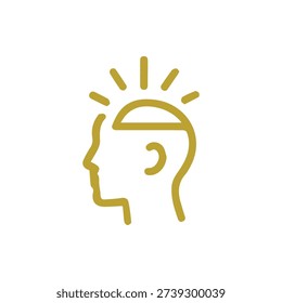 A simple gold line icon of a human head with radiating lines, symbolizing a bright idea, inspiration, creativity, and mental clarity. Flat vector design.
