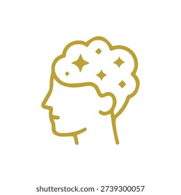 A simple gold line icon of a human head profile with a brain full of sparkling stars symbolizing creativity brilliant ideas and mental clarity.