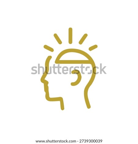 A simple gold line icon of a human head with radiating lines, symbolizing a bright idea, inspiration, creativity, and mental clarity. Flat vector design.