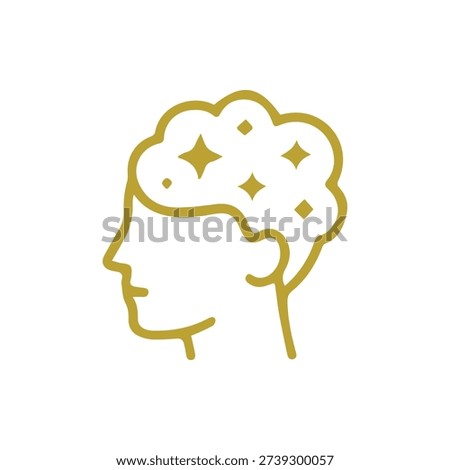 A simple gold line icon of a human head profile with a brain full of sparkling stars symbolizing creativity brilliant ideas and mental clarity.