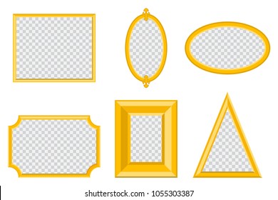 Simple gold photo frame of different shapes: rectangle, oval and triangle. Vector set of flat borders isolated on white background.