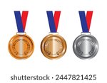 simple gold silver bronze medals with ribbon, set of Three medals, Flat minimalistic design. Icons,