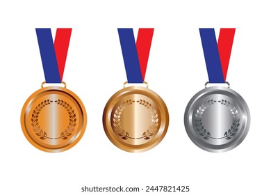 simple gold silver bronze medals with ribbon, set of Three medals, Flat minimalistic design. Icons,