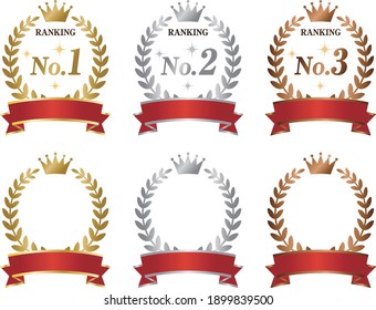 Simple gold silver bronze ranking icon with red ribbon