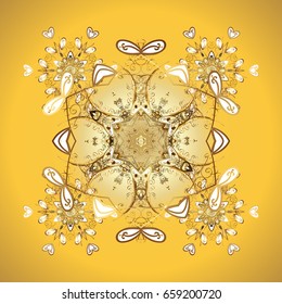 Simple gold snowflakes, floral elements, decorative ornament. Arab, Asian, ottoman motifs. On colorful background. Vector illustration.