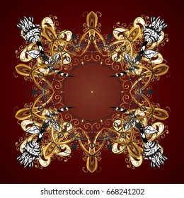Simple gold snowflakes, floral elements, decorative ornament. Vector illustration. Arab, Asian, ottoman motifs. On brown background.